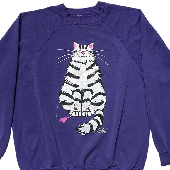 90s Vintage Front Back Cat Cartoon Sweatshirt Purple Crewneck Oldland Comic. - Picture 3 of 7